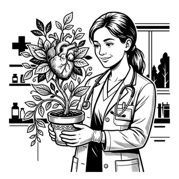 Female doctor holding a heart-shaped plant.