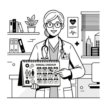 Female doctor holding annual checkup calendar in clinic.