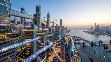 Fototapeta premium A stunning panoramic view of Hong Kong at twilight. Futuristic skyscrapers with elevated walkways and illuminated tubes dominate the cityscape.