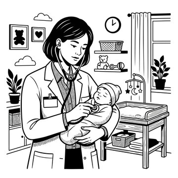 Female doctor holding a sleeping baby in nursery clinic.