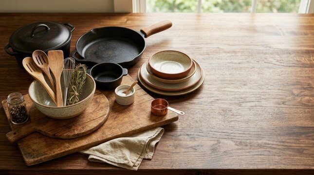 A rustic wooden table displays a collection of cast iron cookware, ceramic bowls, measuring tools, and herbs. A wooden cutting board and linen napkin are also present.
