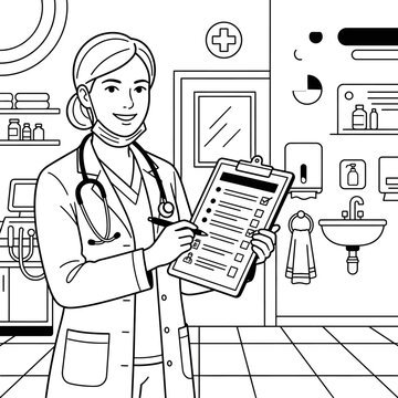 Female doctor holding clipboard in medical clinic office