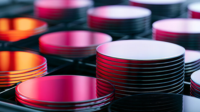 Silicon wafers stacked on a carrier tray ready for processing