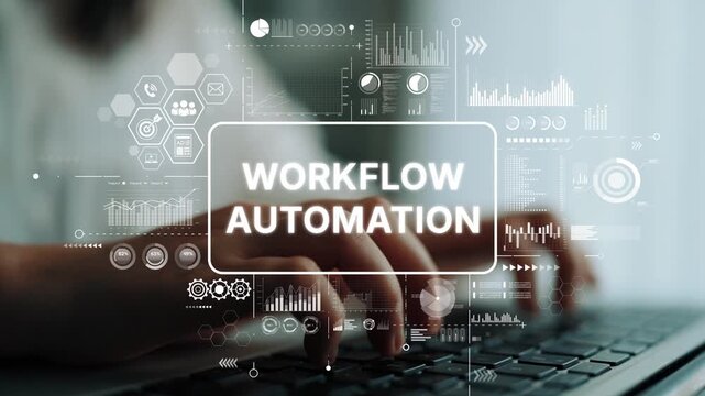 Hands Typing on Keyboard with Workflow Automation Concept and Digital Graphical User Interface Overlays. Asymptotic smart data analytic.