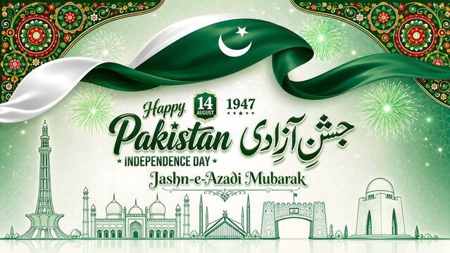 Celebrate Pakistan Independence Day (14 August) with this elegant luxury greeting card featuring a sparkling emerald green and gold crescent moon, decorative hanging ornaments with crescent and star

