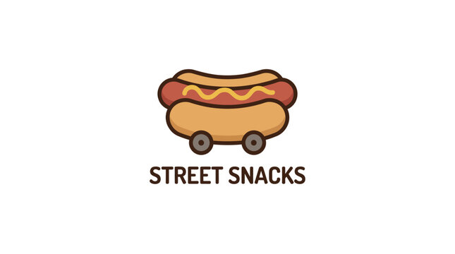 Street snacks logo with hot dog on wheels illustration.