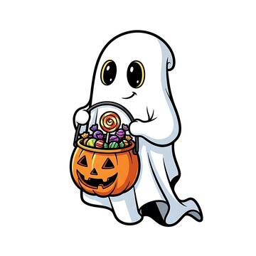 Cartoon ghost trick-or-treating with a jack-o'-lantern candy bucket