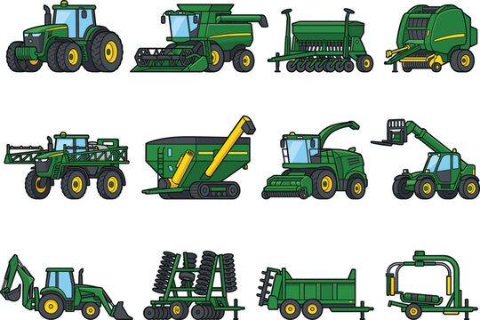 Green Agricultural Machinery Farm Equipment Vector Set with Tractor Combine Harvester and Implements Clipart