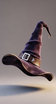 Close-up of stylish black witch hat with silver buckle and purple lining