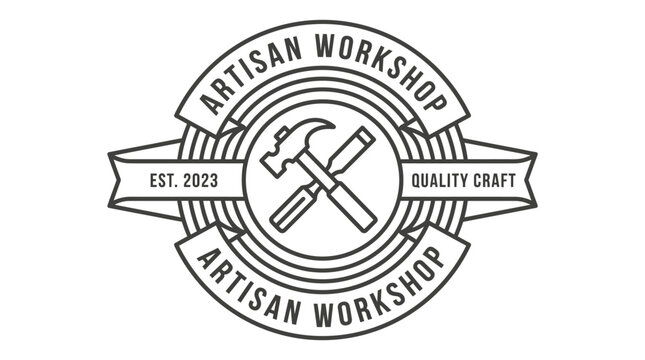 Vintage artisan workshop emblem with hammer and wood plane tools.