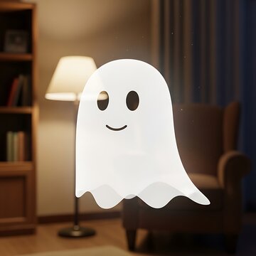 Cute cartoon ghost with smiling face attached to wall lamp