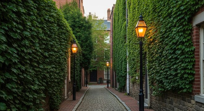 A narrow cobblestone street is lined with brick buildings covered in lush green ivy. Two vintage black lampposts illuminate the path with a warm, golden glow.