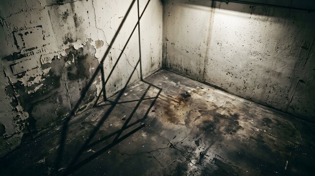 A dark and gloomy corner of an empty abandoned basement with concrete walls and metal frame.