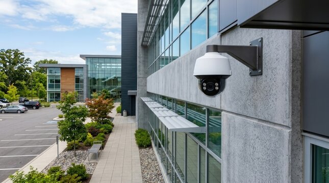 A modern office building features a dome-shaped security camera mounted on its exterior wall. The building has large windows and a gray concrete facade.