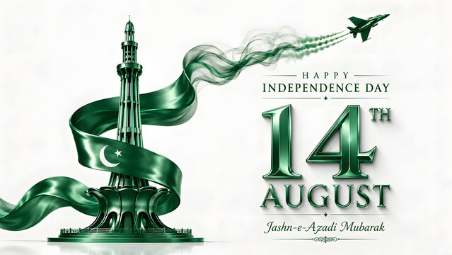 Celebrate Pakistan Independence Day (14 August) with this elegant luxury greeting card featuring a sparkling emerald green and gold crescent moon, decorative hanging ornaments with crescent and star

