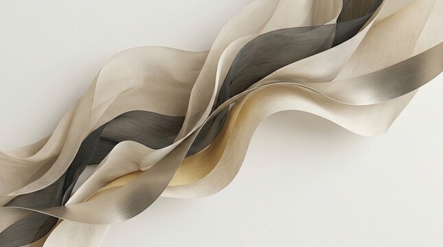 A smooth, abstract sculpture of layered, flowing ribbons creates a dynamic wave-like form. The ribbons display a gradient of warm tones, transitioning from gold and beige to gray and dark brown.
