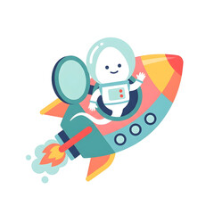 Naklejka premium Cute Cartoon Astronaut Waving from Colorful Rocket Ship Blasting Off, Symbolizing Space Exploration, Innovation, and Startup Business Growth