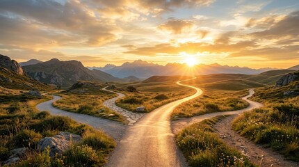 Obraz premium A winding road forks into two paths in a mountainous landscape at sunrise. The sun shines brightly, creating a dramatic ray of light that illuminates the scene.