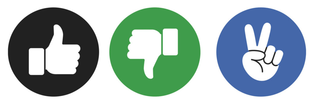Thumbs rating icon collection, like dislike and neutral hand gesture buttons, customer satisfaction symbols, survey feedback concept, modern flat vector design set, user review icons