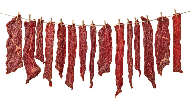 Beef jerky strips hanging on a rope. Dried meat snack drying on a clothesline.