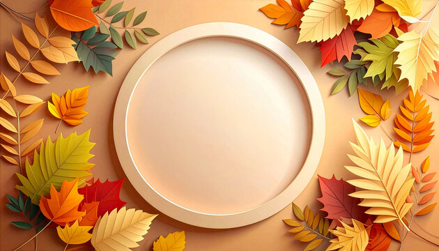 Paper cut autumn leaves round frame banner with colorful maple leaves and copy space, fall season paper craft nature background