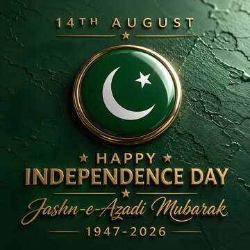 Celebrate Pakistan Independence Day (14 August) with this elegant luxury greeting card featuring a sparkling emerald green and gold crescent moon, decorative hanging ornaments with crescent and star

