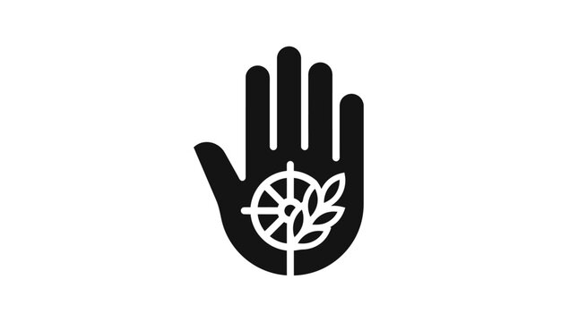Minimalist icon of a human hand featuring a dharmachakra and wheat stalk symbol.
