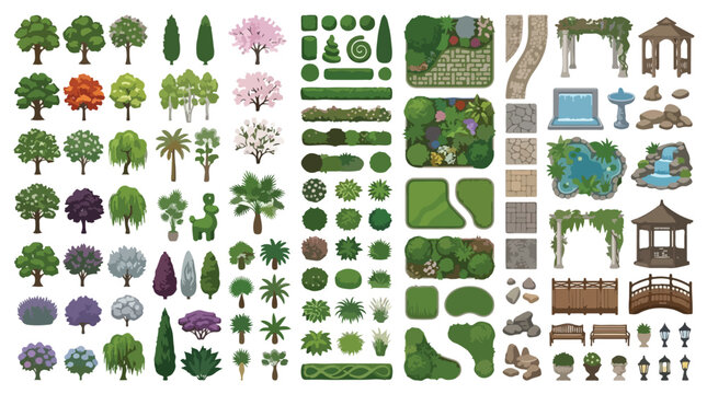 Landscape design elements kit, garden architecture and plant icons set, outdoor park map creator vector, backyard landscaping assets