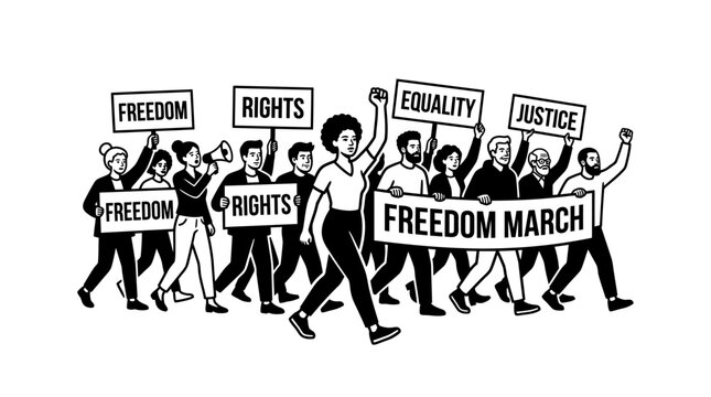 Diverse Group of People Participating in a Freedom March Protest.