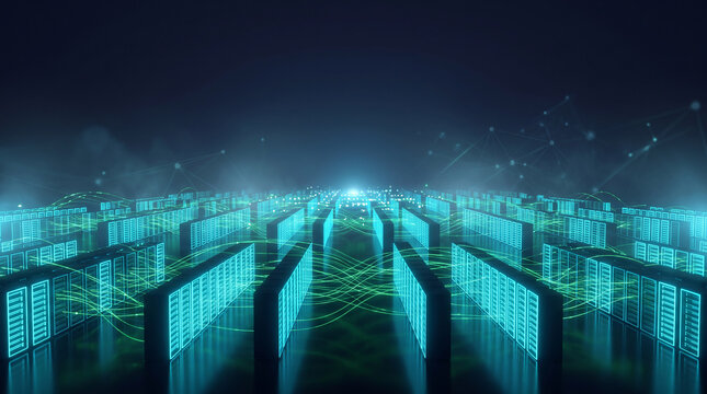 Futuristic data center server room with glowing blue digital network lines representing blockchain technology and cloud computing system