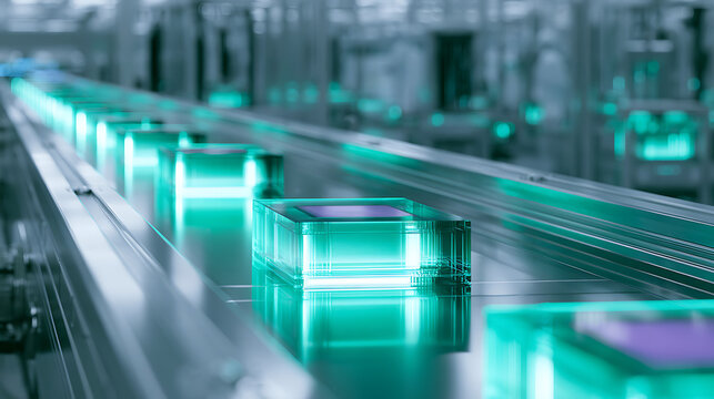 Glowing microchips resting on a conveyor belt moving through a clean semiconductor factory