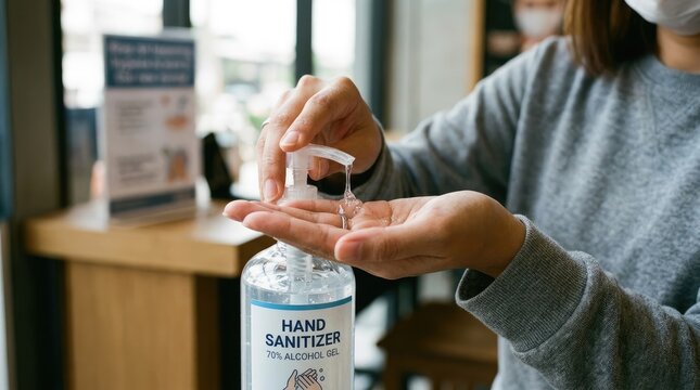 A woman is applying hand sanitizer to her hands. She is wearing a gray sweater and a white mask.