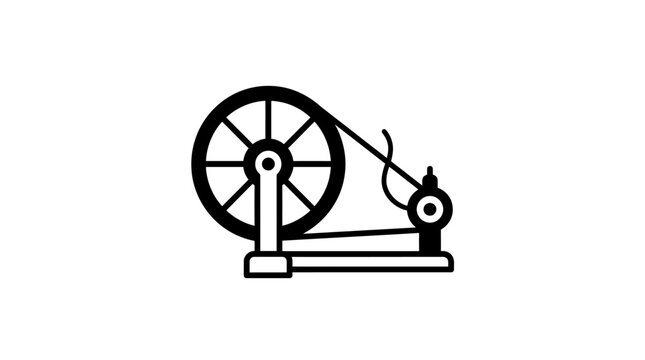 Minimalist black and white vector icon of a traditional spinning wheel.