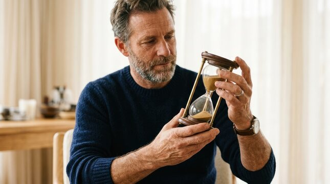 A mature man holds an hourglass, contemplating its contents. He is wearing a dark blue sweater and appears thoughtful.