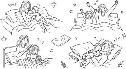 Obraz premium Mother and Child Bedtime Routine Icon Set with Sleeping Waking Up Combing Hair and Hugging in Bed Vector Illustration for Family Parenting Concept