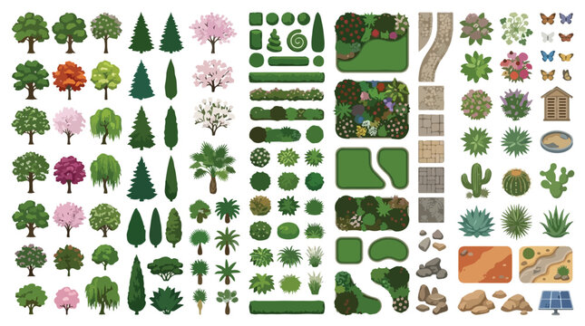 Landscape design elements kit, garden map creator with trees and plants, architectural site planning vector set for backyard visualization