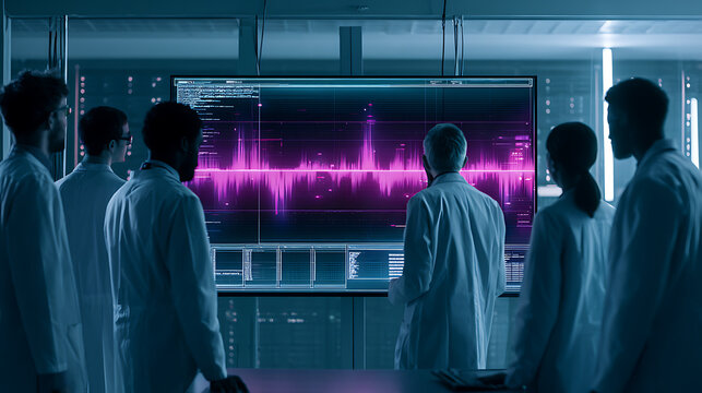 A team of engineers gathered around a digital screen showing semiconductor yield statistics