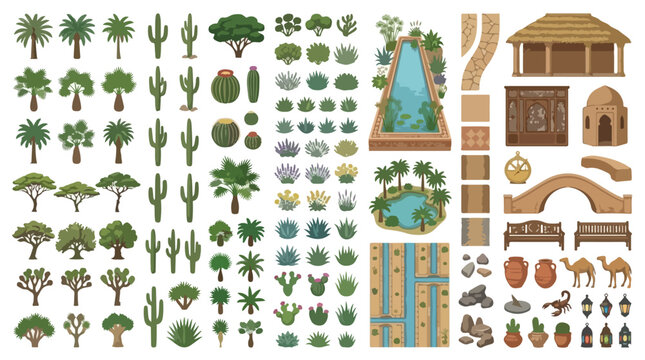 Desert landscape game assets kit, oasis and garden vector elements, middle eastern architecture and desert plants collection for map building