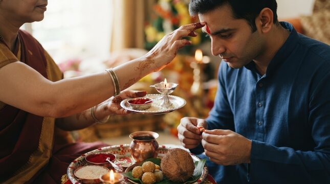 Indian sister applying tilak on brother forehead during traditional ritual ceremony, celebrating sibling bond, cultural festival, family love, ethnic clothing, indoor
