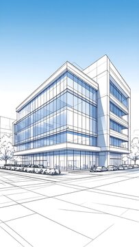 A modern, multi-story glass building with a blue sky background
