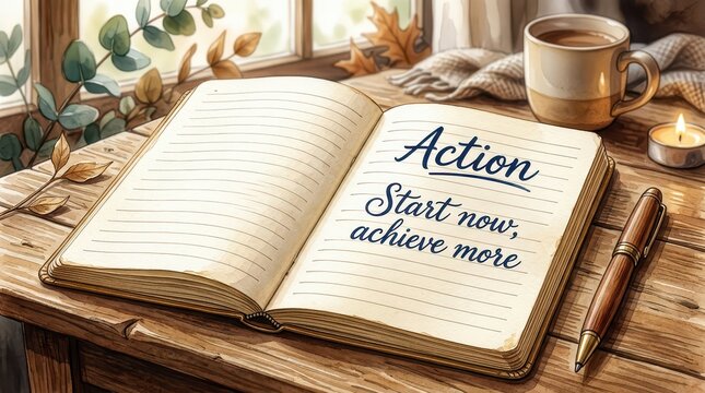 Open journal with motivational quote "Action, Start now, achieve more" on a wooden desk, warm lighting, and autumn theme