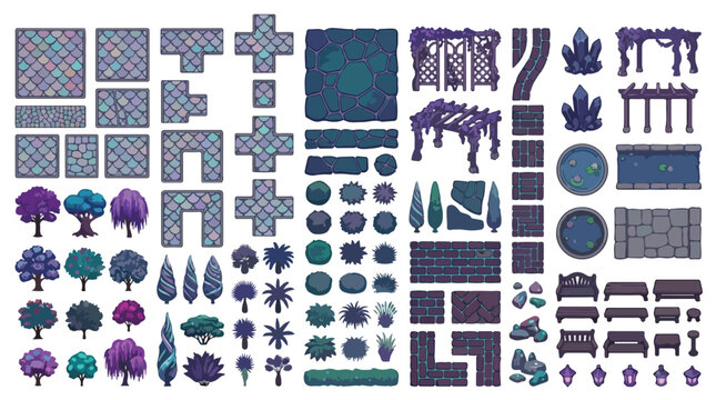Pixel art game assets for garden environment, fantasy landscape tileset with purple trees and stone paths, 2D top-down RPG map elements