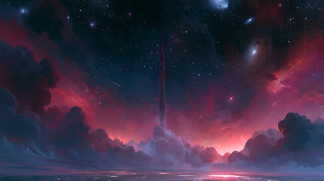 A rocket soaring through a dramatic sky filled with stars, galaxies, and nebulae (3)
