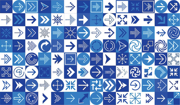 Collection of diverse blue arrow icons arranged in a structured grid pattern for modern design projects