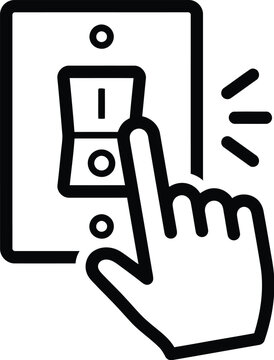 Hand pressing a simple black and white wall light switch icon in a flat style