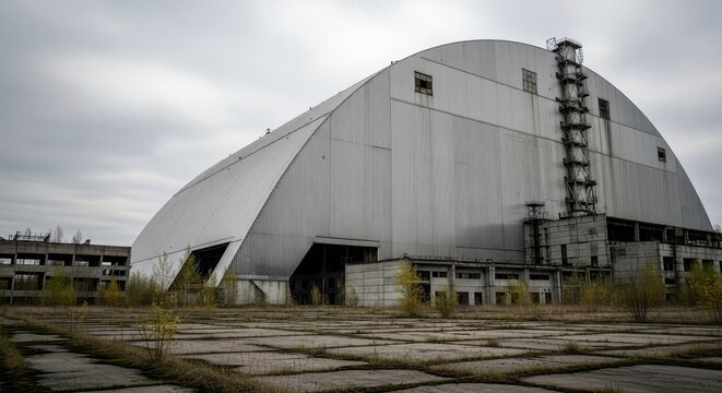 Abandoned Chernobyl sarcophagus in overcast weather.