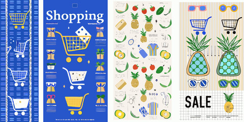 shopping themed posters with colorful illustrations on blue and beige backgrounds pineapple banana strawberry cart sale pattern vector graphic design © Bebdas