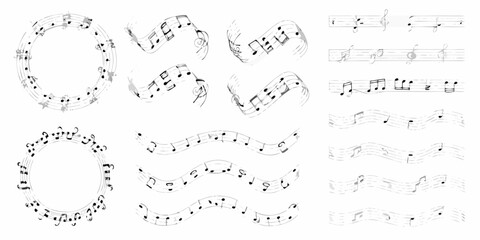 musical notes on staffs in black and white line art music notation clef quavers semibreves minims sketch drawing sheet melody © Bebdas