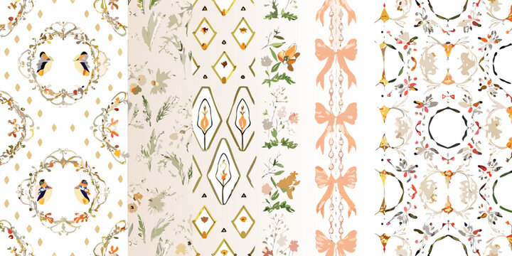 elegant vintage style floral cards with ornate frames and decorative ribbons design pattern vector illustration background white motifs ornamental botanical