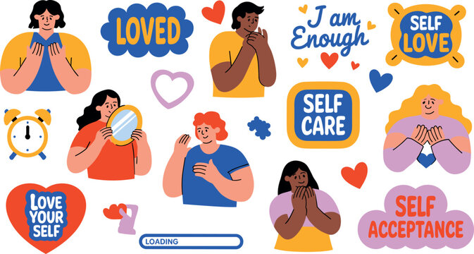 Self care and positive mental health vector sticker set with diverse characters promoting self love and acceptance